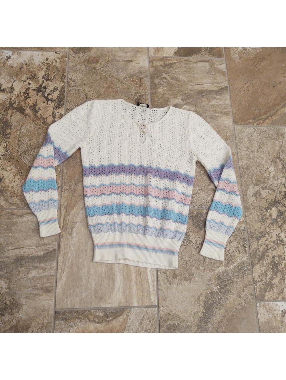 Vintage 80s Jolie White pastel purple pink and blue striped Longsleeve top